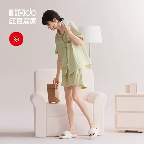 红豆居家【凉感】睡衣女款夏季冰丝短袖短裤外穿千鸟格家居服套装商品大图