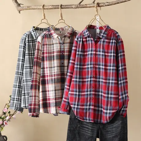 春秋新款简约文艺百搭纯棉柔软女士衬衣双层棉纱宽松打底格子衬衫图片