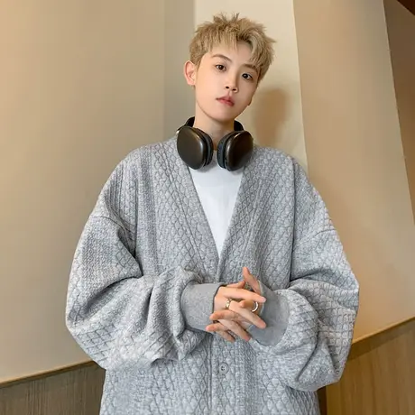 开衫夹克男秋冬季新款简约V领针织外套大码国潮休闲港风慵懒上衣图片