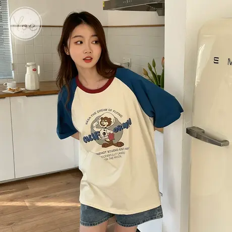 yoe美式复古潮牌拼色小个子纯棉oversize撞色拼接短袖t恤女上衣商品大图