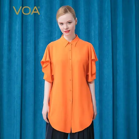 VOA30姆米重磅真丝POLO领飞飞袖向日橙单排扣OL风透气桑蚕丝衬衫图片