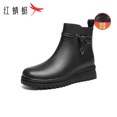 红蜻蜓妈妈鞋秋冬款女鞋真皮加绒短靴高帮平底皮鞋保暖中老年棉鞋商品大图
