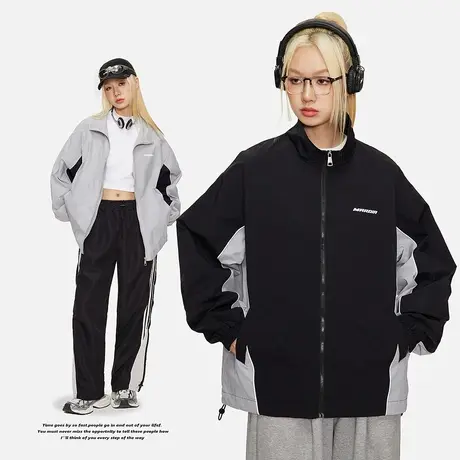 美式拼接冲锋衣女2023年新款春秋款复古运动外套潮牌宽松教练夹克商品大图
