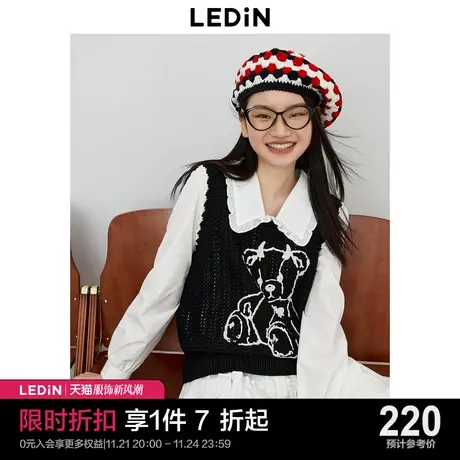 乐町新品甜美镂空针织背心女2023秋季新款女装黑色小熊叠穿马甲图片