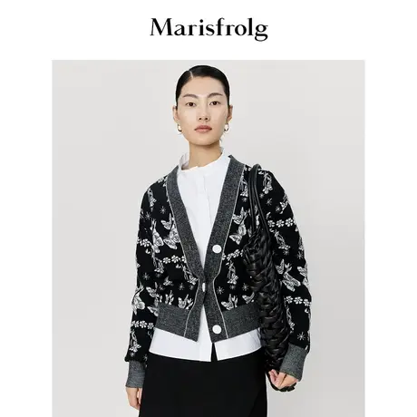 【商场同款】玛丝菲尔春季新款花色V领羊毛针织衫开衫外套女商品大图