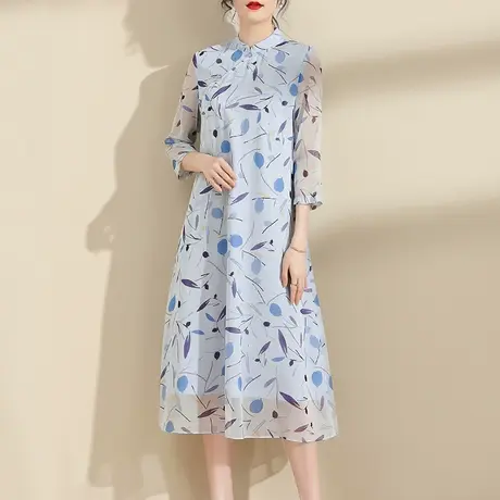 水墨青华2024春季女装中长款连衣裙新款优雅复古立领百搭印花裙子商品大图