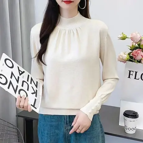 韩版气质温柔半高领褶皱纯色针织衫毛衣优雅显瘦知性女装内搭上衣商品大图