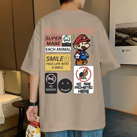 卡通印花美式短袖t恤男潮ins潮牌马里奥体恤夏季宽松半袖纯棉上衣商品大图
