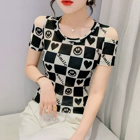 性感网纱露肩短袖T恤女网红设计感印花上衣夏装紧身洋气半袖小衫商品大图