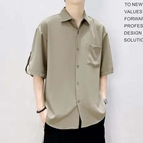 夏季男士休闲七分袖衬衫潮流设计感男装抗皱免烫冰丝垂感短袖衬衣商品大图