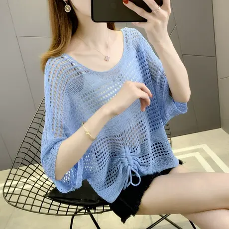 配吊带裙罩衫镂空外搭2024新款蝙蝠袖抽绳上衣女夏冰丝披肩防晒衣商品大图