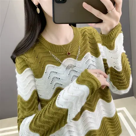 洋气外穿条纹薄毛衣女宽松早秋新款链条圆领薄款针织衫女上衣小衫商品大图