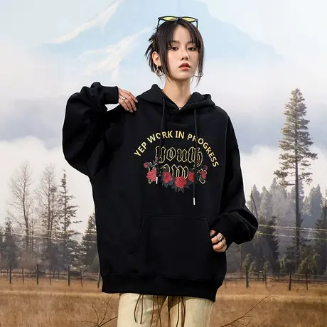 yep美式复古玫瑰黑色连帽卫衣女oversize落肩设计感小众情侣装潮图片