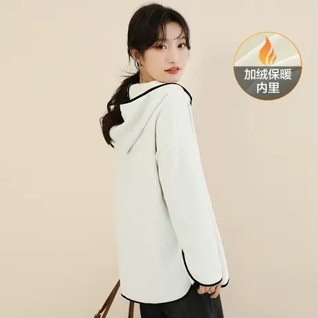 韩潮袭人宽松白色连帽套头卫衣女2023冬装新款显瘦加绒T恤上衣厚图片