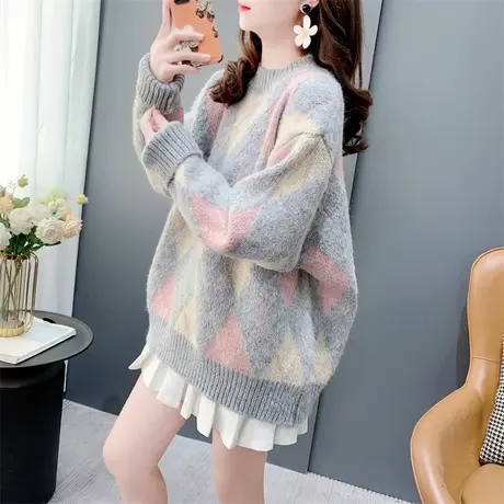 复古菱格圆领毛衣女套头秋冬2023新款宽松慵懒风洋气减龄软糯上衣图片