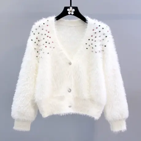 重工钉钻水貂绒毛衣外套女秋冬2023新款日系甜美宽松短款针织开衫商品大图