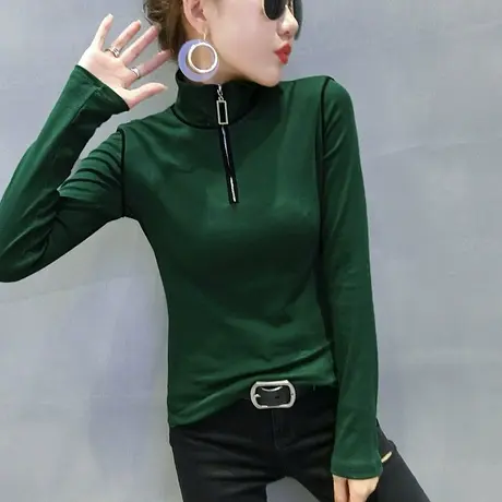 加绒加厚打底衫女春秋时尚拉链T恤女长袖洋气修身内搭半高领上衣商品大图