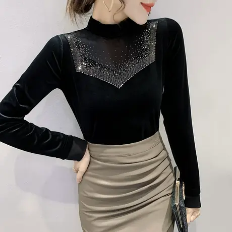 半高领打底衫女秋冬新款性感镂空烫钻长袖T恤网纱拼接金丝绒上衣图片