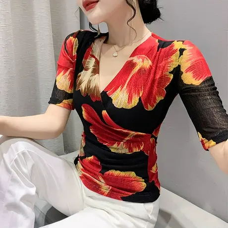 性感V领网纱T恤女中袖欧货2024新款复古印花上衣修身显瘦打底小衫图片