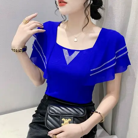 欧货荷叶边T恤女短袖性感网纱上衣夏气质方领小衫心机露锁骨半袖图片