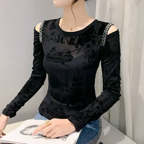 性感植绒印花T恤女长袖性感镂空钉珠露肩上衣洋气修身百搭打底衫图片