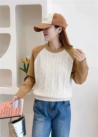 针织绞花宽松打底衫新款秋冬高端气质减龄休闲拼色套头长袖毛衣女商品大图