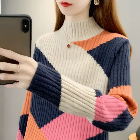半高领加厚拼色毛衣女冬季2023年新款洋气爆款针织打底衫内搭撞色商品大图