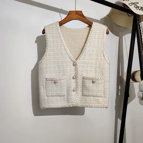 小香风毛衣马甲开衫女秋冬新款韩版v领镶边无袖针织背心马夹外套图片