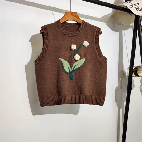 学院风针织马甲女秋冬新款圆领显瘦刺绣花朵无袖坎肩毛衣背心外穿图片