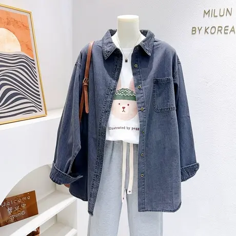 韩代款牛仔外套~2023秋款chic慵懒港风简约气质衬衫上衣微胖遮肉图片