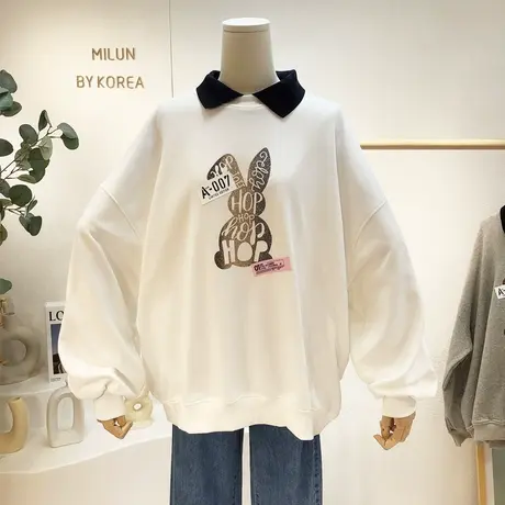 韩国东大门2021秋季新款复古甜美翻领宽松大版卫衣休闲遮肉显瘦女商品大图