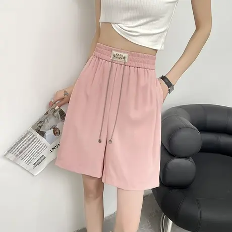 粉色冰丝阔腿短裤女夏季薄款高腰显瘦垂感宽松中裤休闲直筒五分裤商品大图