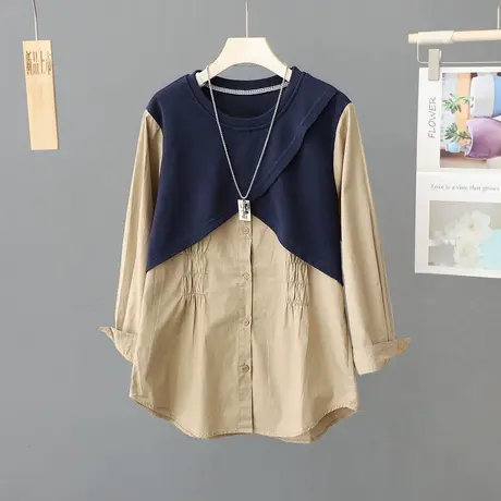 小众设计感假两件拼接撞色长袖衬衫女圆领宽松休闲上衣衬衣女装图片