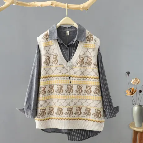 V领套头针织马甲女2023年春季新款宽松无袖毛衣休闲坎肩背心外穿图片