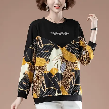 长袖t恤女春秋新款加肥加大码女装宽松洋气拼接遮肚子显瘦打底衫商品大图