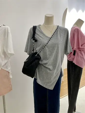 短袖t恤女夏季2021新款韩版ins潮V领宽松露锁骨开叉设计感上衣服商品大图