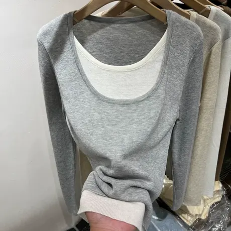 设计感拼接假两件薄款长袖针织衫女2023早秋新款洋气打底衫上衣潮商品大图