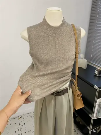 气质日杂简约高级感~立领含羊绒修身无袖针织衫女秋冬新背心打底商品大图