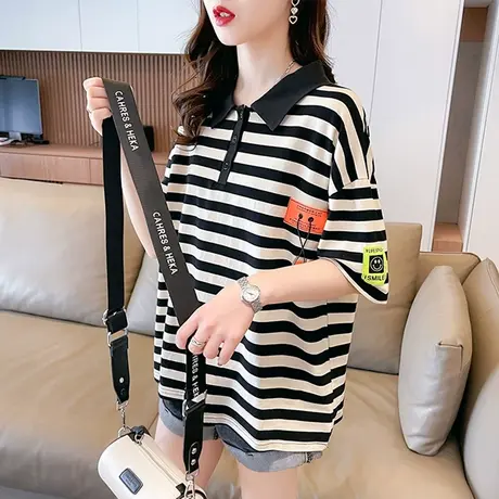 小众设计感短袖t恤女夏季韩版宽松小个子翻领polo衫条纹纯棉上衣图片