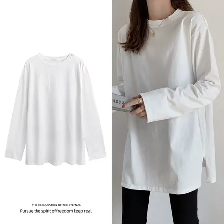 纯棉t恤女长袖秋装白色打底衫ins潮牌小众设计感宽松开叉嘻哈上衣图片