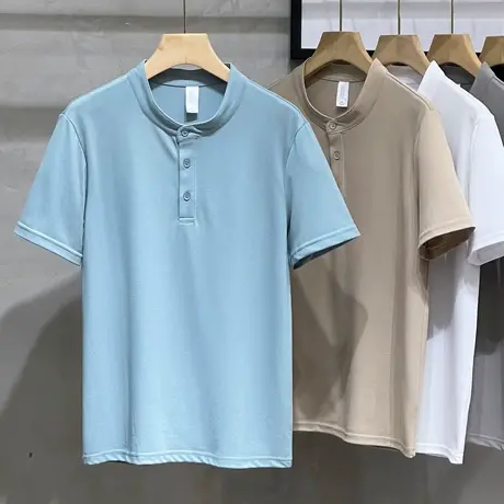 夏季中式立领纯色设计感短袖T恤男国风文艺休闲POLO衫上衣半袖潮图片