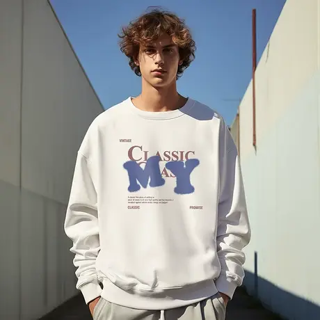 圆领美式复古嘻哈大码卫衣男装纯棉重磅打底高街外套加绒春秋冬季图片