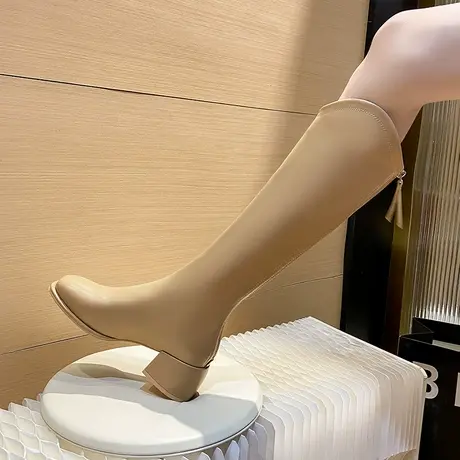 短靴白色方头靴子女长筒靴骑士靴长靴2024新款秋冬高跟高筒瘦瘦靴商品大图