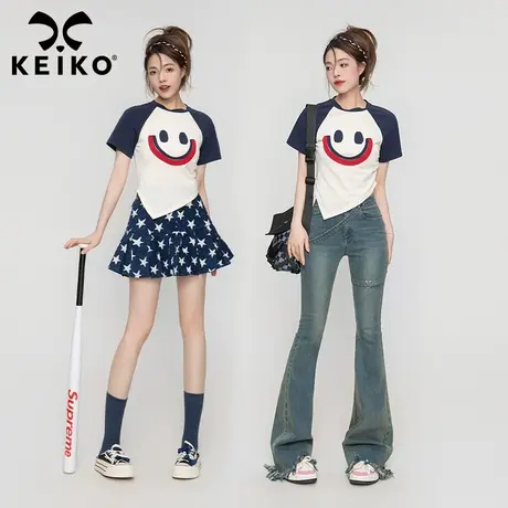 美式复古插肩短袖t恤女纯棉2023夏俏皮贴布图案圆领修身显瘦上衣图片