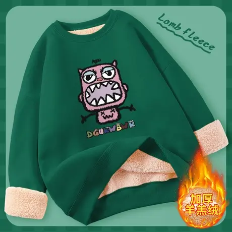 加绒加厚卫衣女冬季2023新款爆款秋冬款圆领女生外套羊羔绒墨绿色图片