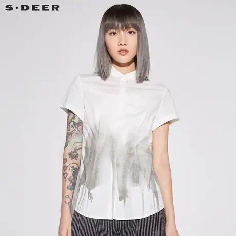 sdeer 圣迪奥 女装休闲翻领水墨晕染短袖衬衫S18280438图片