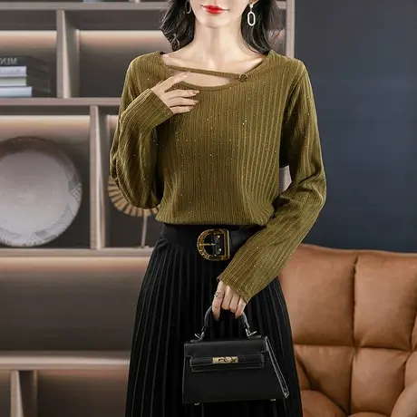2024年新款女装韩版大码胖mm气质春季时尚百搭圆领针织衫长袖上衣商品大图