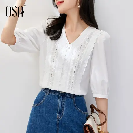 OSA欧莎气质白色短袖衬衫女夏季2022年新款v领泡泡袖衬衣蕾丝上衣商品大图