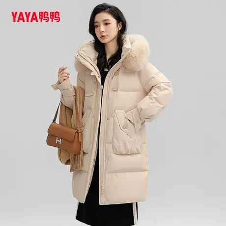 鸭鸭中长款羽绒服女2023冬季新品貉子毛领收腰显瘦保暖外套J图片