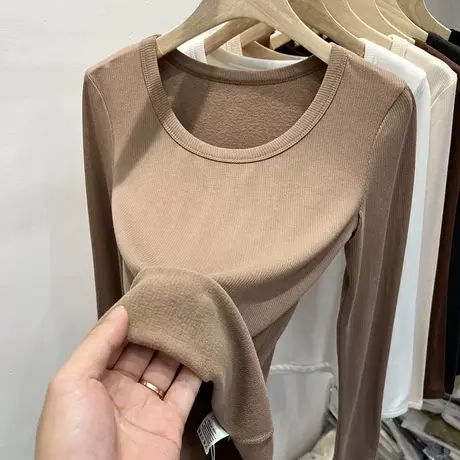 2024新款德绒保暖长袖T恤女冬季加薄绒修身显瘦U领打底衫内搭上衣商品大图